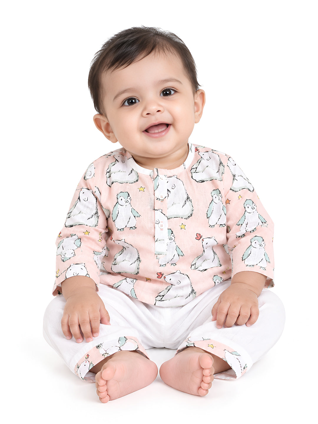 Polka Tots Bear print Full sleeves Nightwear Kurta pyjama set - White