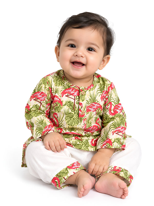 Polka Tots Swan print Front open Full sleeves Nightwear Kurta pyjama set - Pink