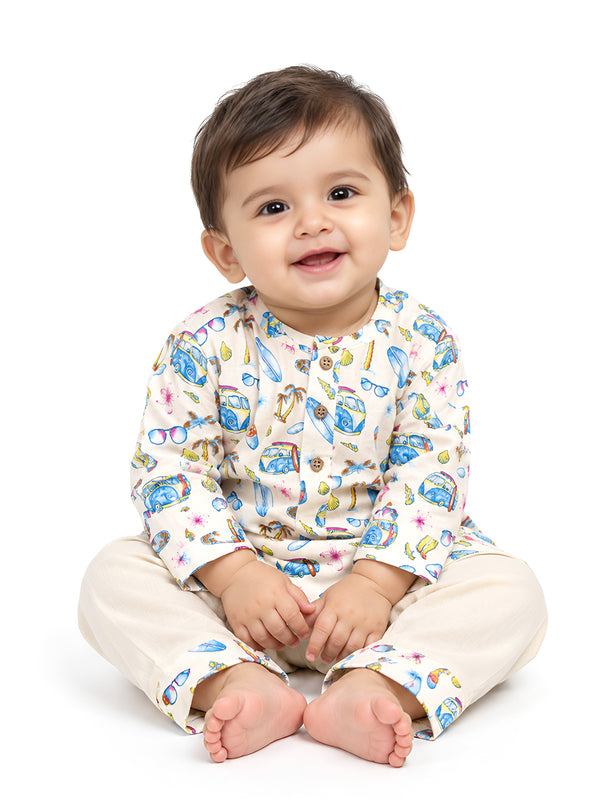 Polka Tots Car Print Full Sleeves Nightwear Kurta pyjama set - Cream