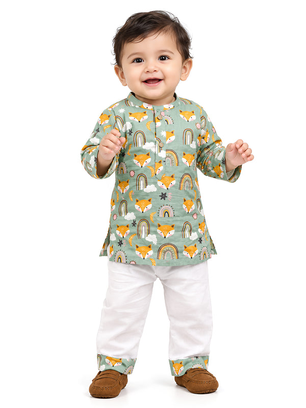 Polka Tots Wolf Print Full Sleeves Nightwear Kurta pyjama set - Green