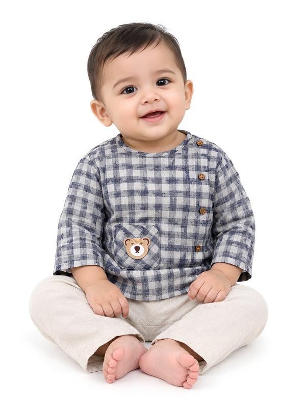 Nanha Dost Soft Full-Sleeve Teddy Patch Pocket Jhabla & Pant Set – Blue