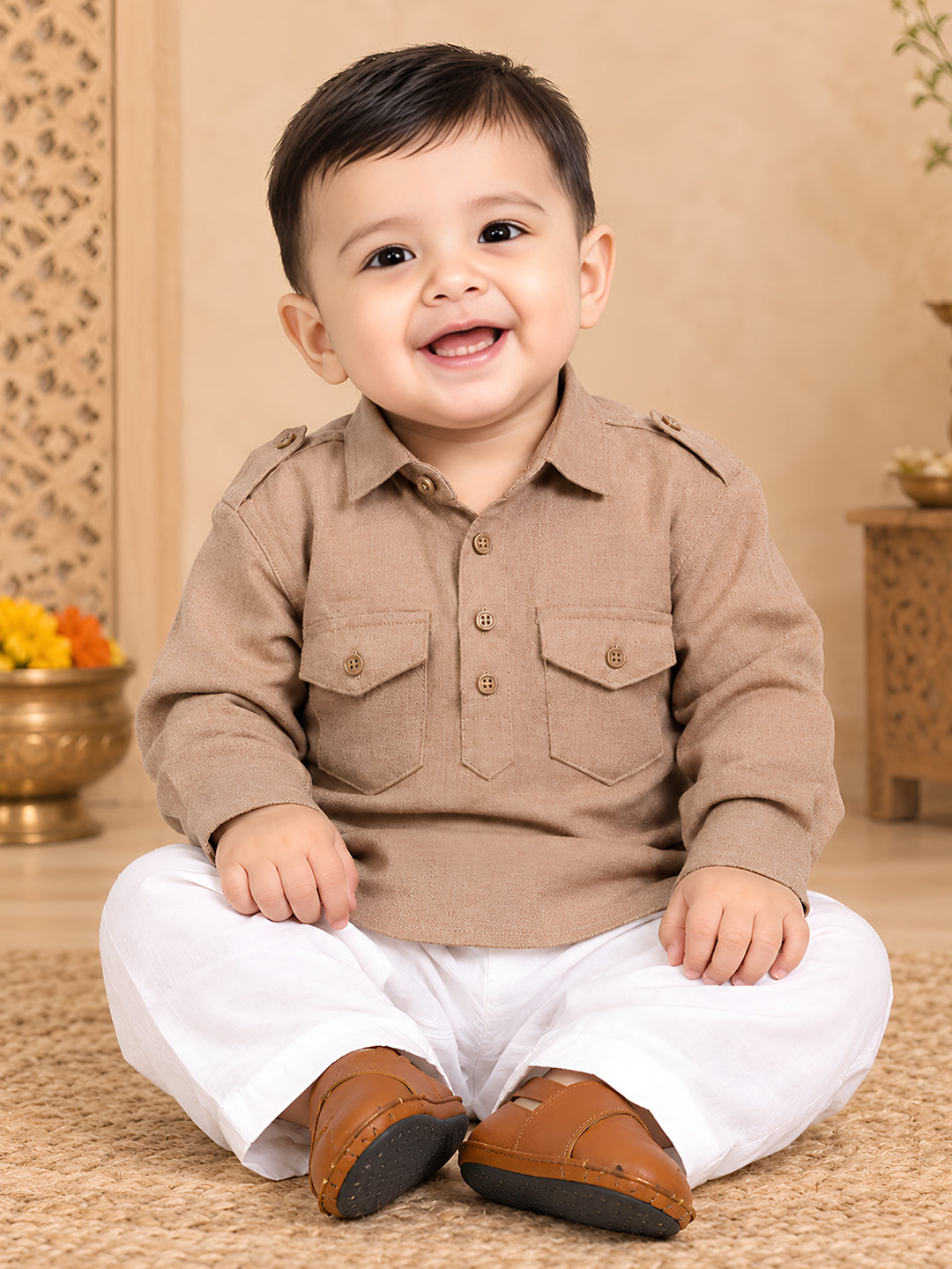 Jashn-e-Bachpan Collection: Full Sleeves Pathani Set - Beige