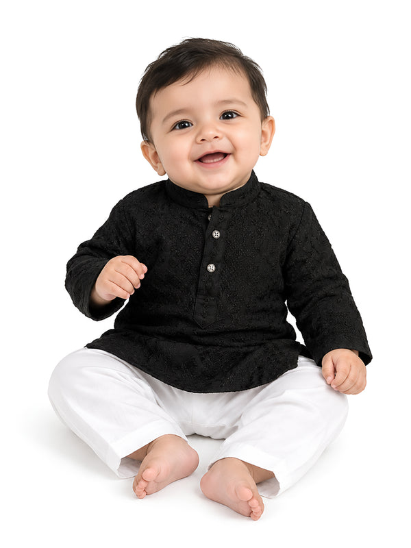 Jashn-e-Bachpan Collection: Full Sleeves Textured Pathani Kurta Set - Black