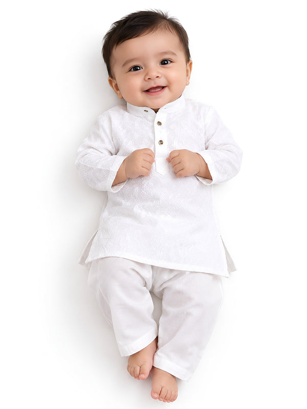Polka Tots Full Sleeves Textured Pathani Kurta Set - White