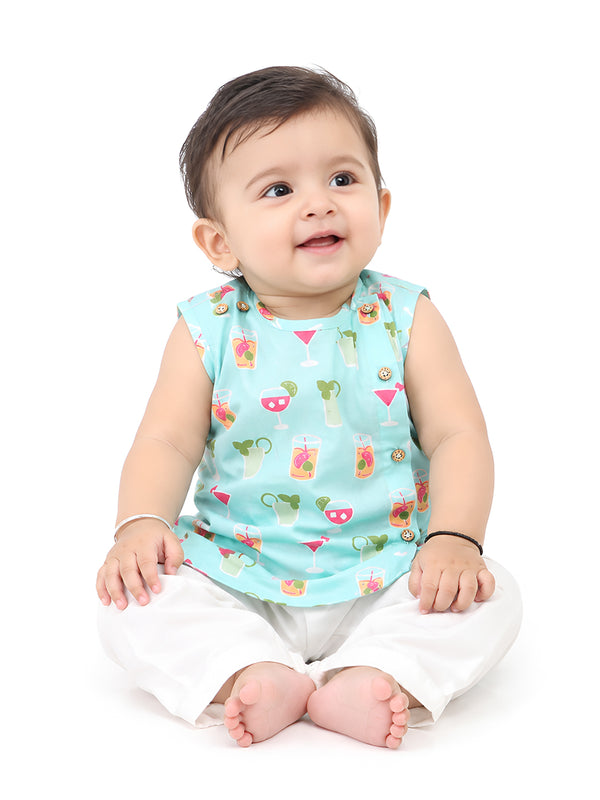 Polka Tots Juice print Sleeveless Jhabla and Pant Set - Blue