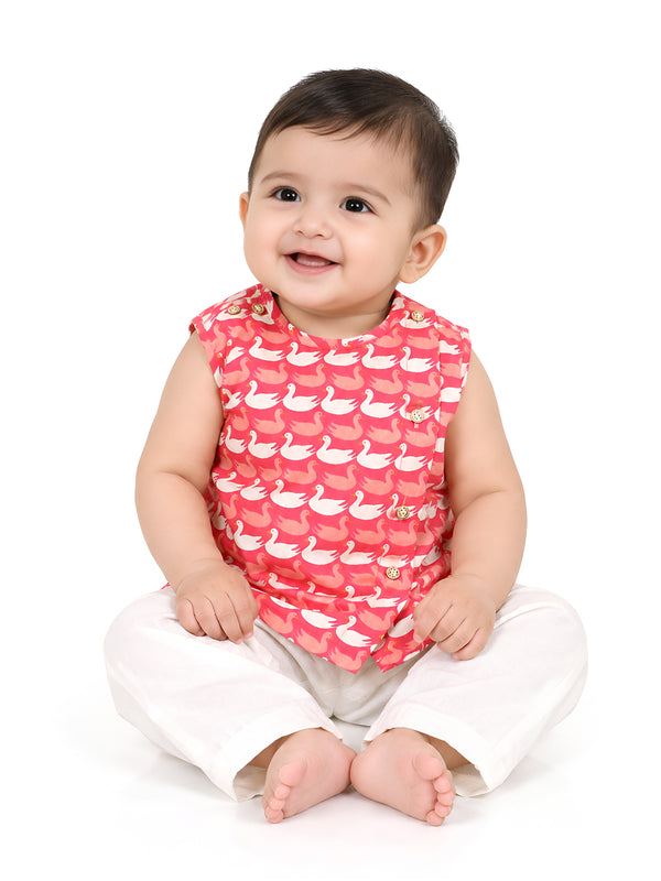 Polka Tots Sleeveless Swan print Jhabla and Pant Set - Pink