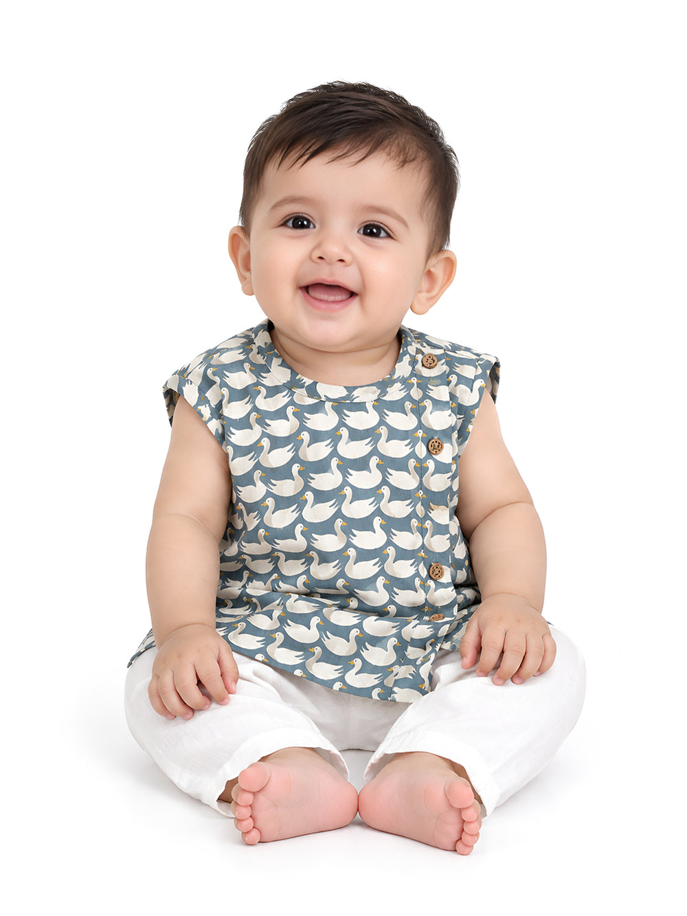 Polka Tots Sleeveless Swan print Jhabla and Pant Set - Grey