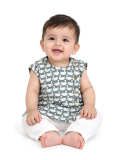 Polka Tots Sleeveless Swan print Jhabla and Pant Set - Grey