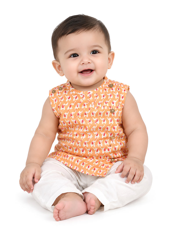 Polka Tots Sleeveless Elephant print Jhabla and Pant Set - Orange