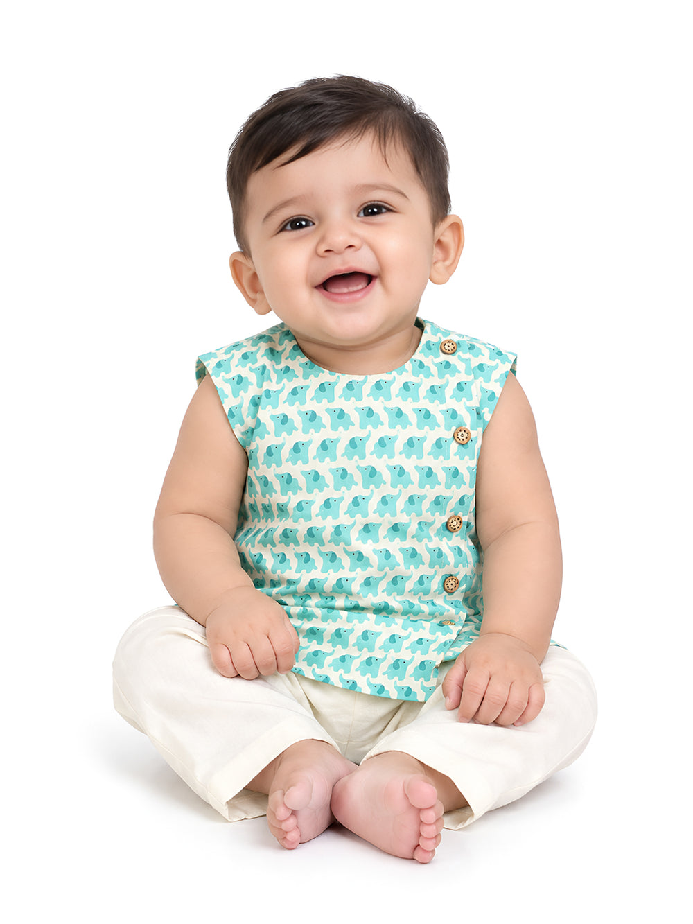 Polka Tots Sleeveless Elephant print Jhabla and Pant Set - Aqua