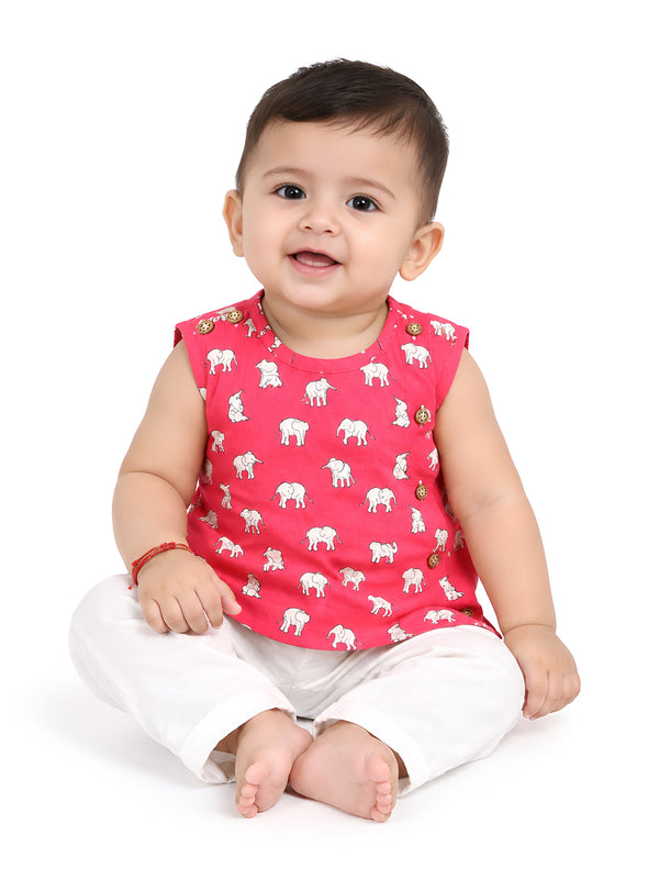Polka Tots Sleeveless Elephant print Jhabla and Pant Set - Pink