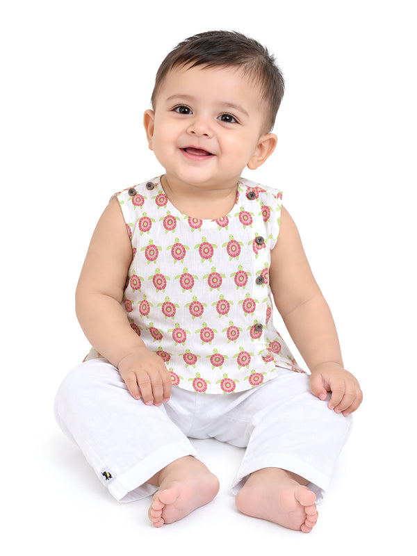 Polka Tots  Turtle  print Sleeveless Jhabla and Pant Set - Multicolor