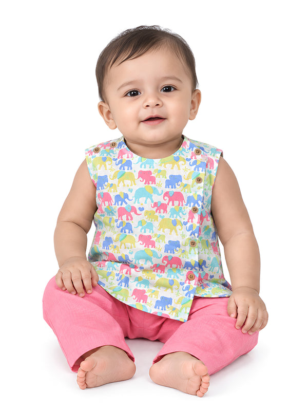 Polka Tots Elephant Print Sleeveless Jhabla and Pant Set - White & Purple