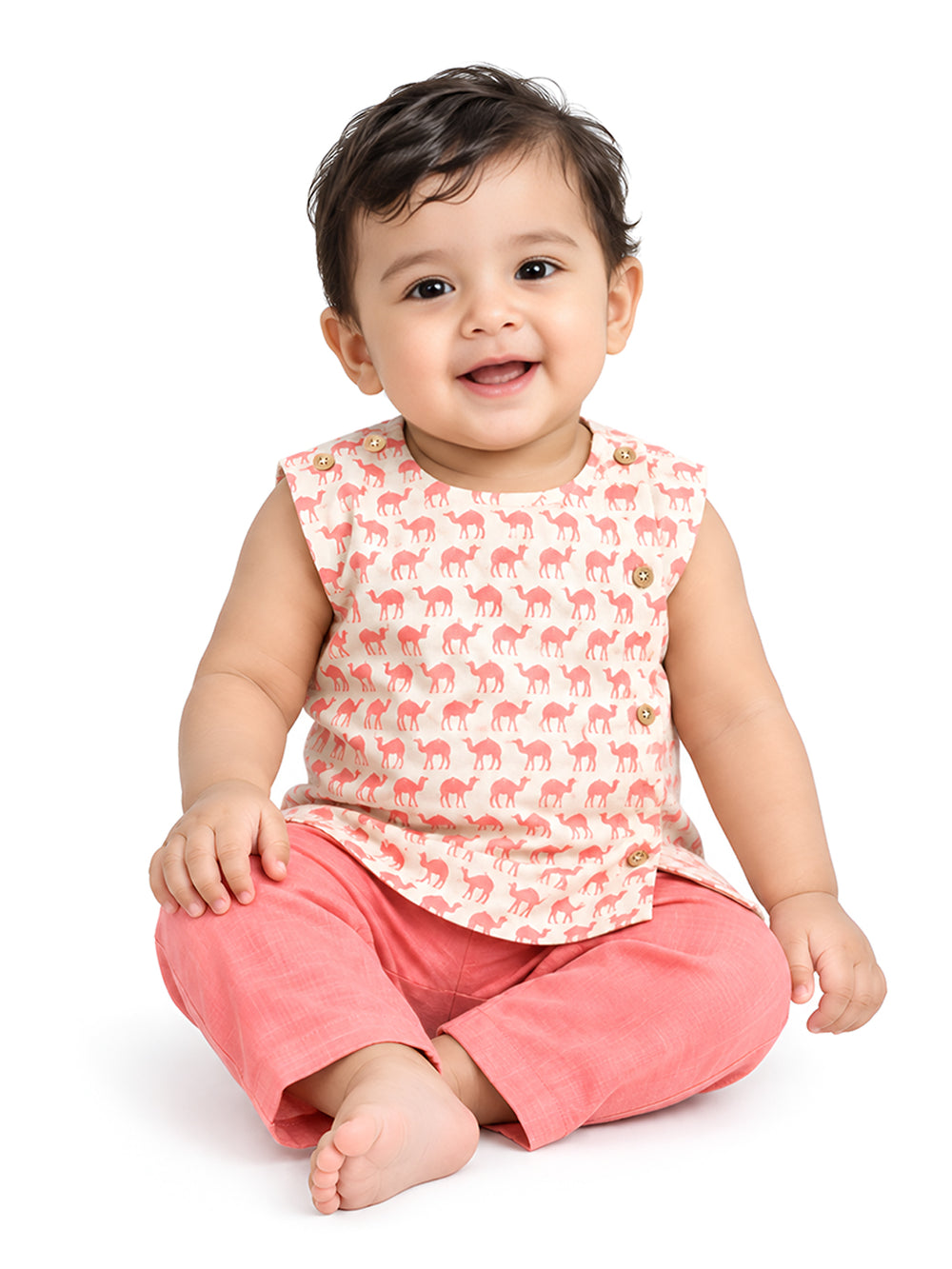 Polka Tots Camel Print Sleeveless Jhabla and Pant Set - White & Pink