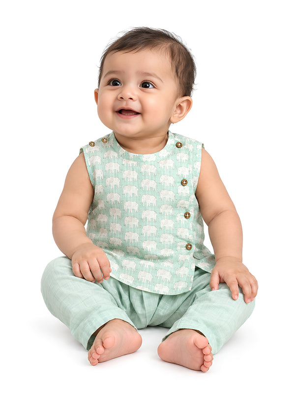 Polka Tots Elephant Print Sleeveless Jhabla and Pant Set - Light Green