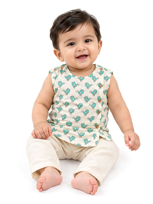 Polka Tots Bird Print Sleeveless Jhabla and Pant Set - Cream & Sea Blue