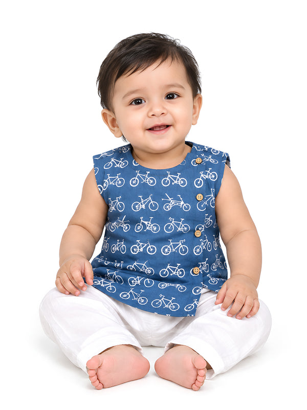 Polka Tots  Cycle Print Sleeveless Jhabla and Pant Set - Navy Blue