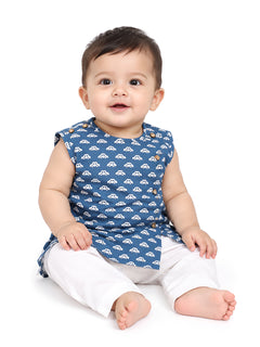 Polka Tots Car Print Sleeveless Jhabla and Pant Set - Navy Blue