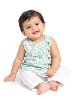 Polka Tots Peacock Fish Print Sleeveless Jhabla and Pant Set - White & Green