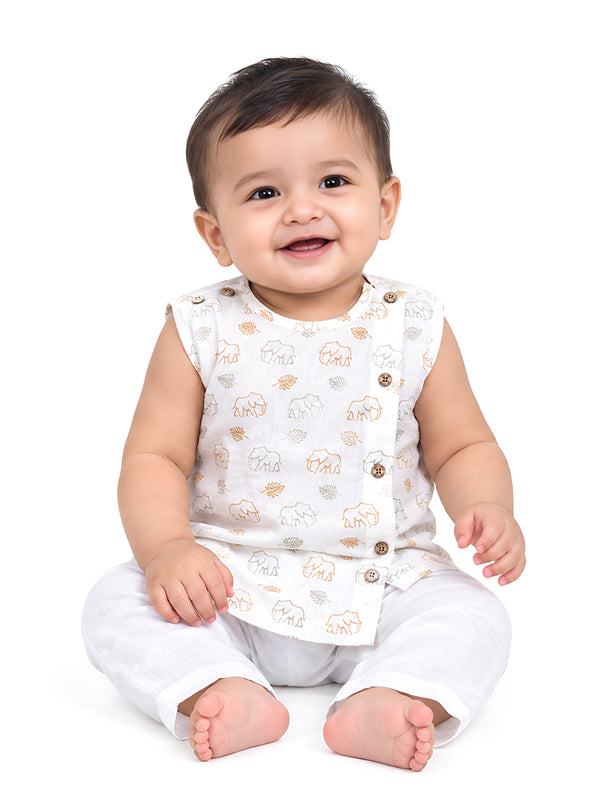 Polka Tots Elephant Print Sleeveless Jhabla and Pant Set - White & Mustard