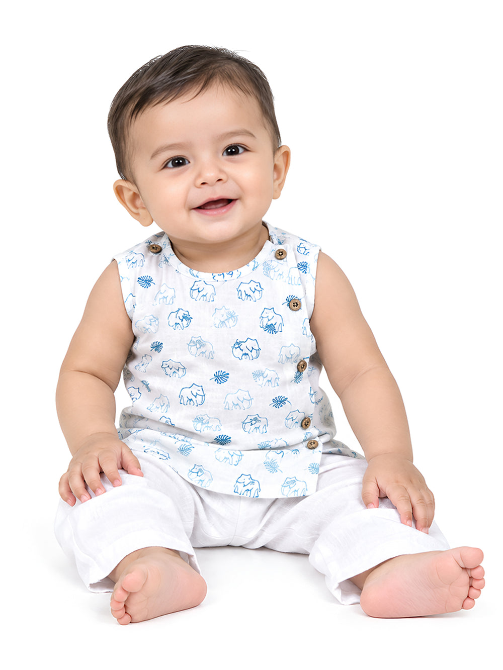 Polka Tots Elephant Print Sleeveless Jhabla and Pant Set - White & Blue