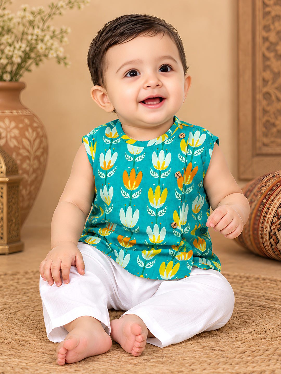 Polka Tots Lotus Print Sleeveless Jhabla and Pant Set - Blue & White