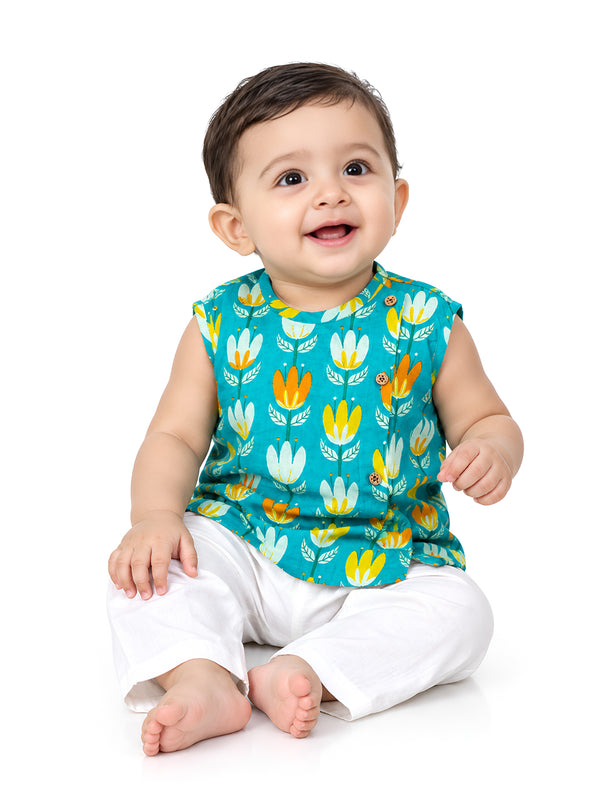 Polka Tots Lotus Print Sleeveless Jhabla and Pant Set - Blue & White