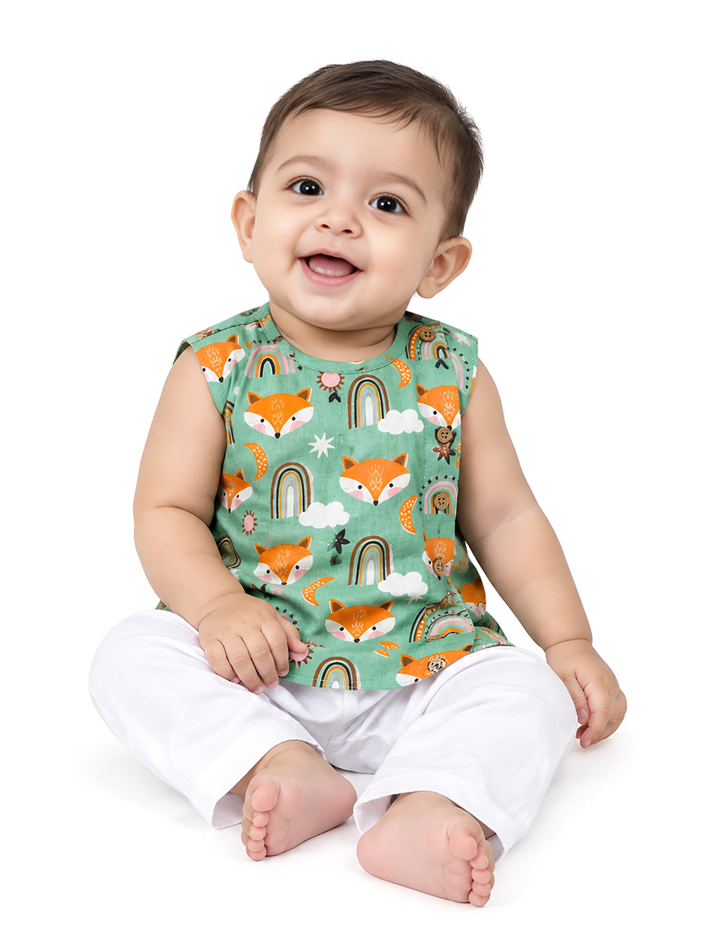 Polka Tots Fox print Sleeveless Jhabla and Pant Set - Green