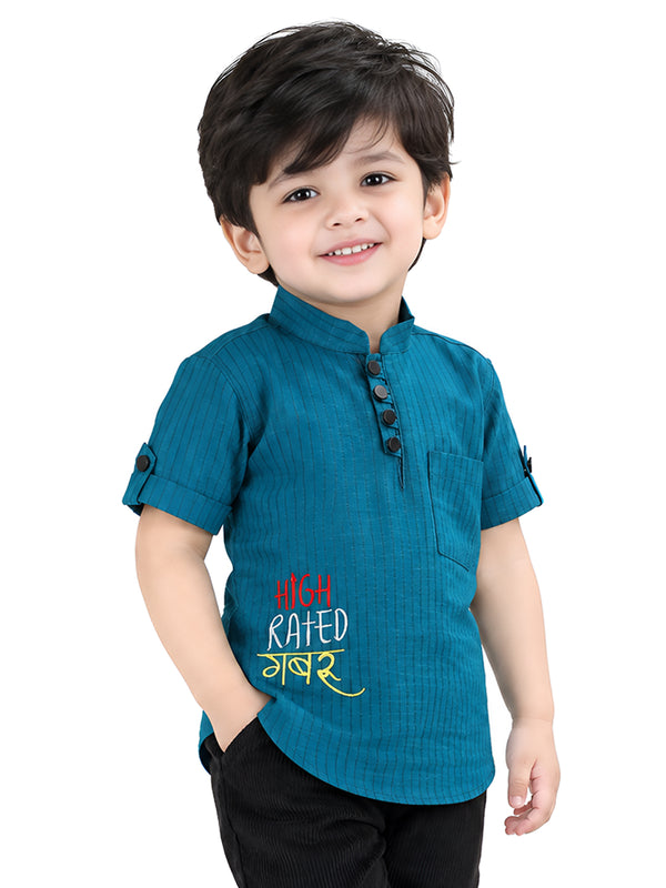 Polka Tots Half Sleeve Striped Kurta with Hindi Graphic - Teal Blue