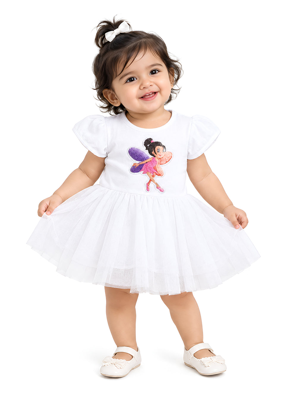 Polka Tots Half Sleeve Romper Onesie Sequence Dancing Angel Girl - White
