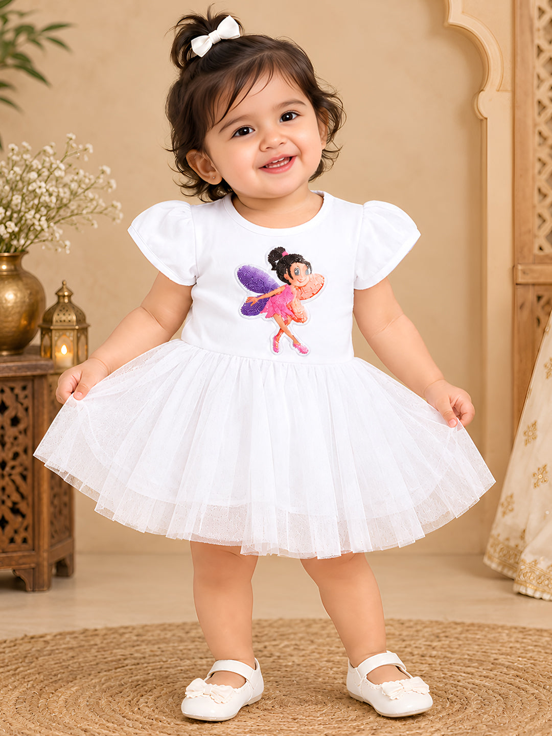 Polka Tots Half Sleeve Romper Onesie Sequence Dancing Angel Girl - White