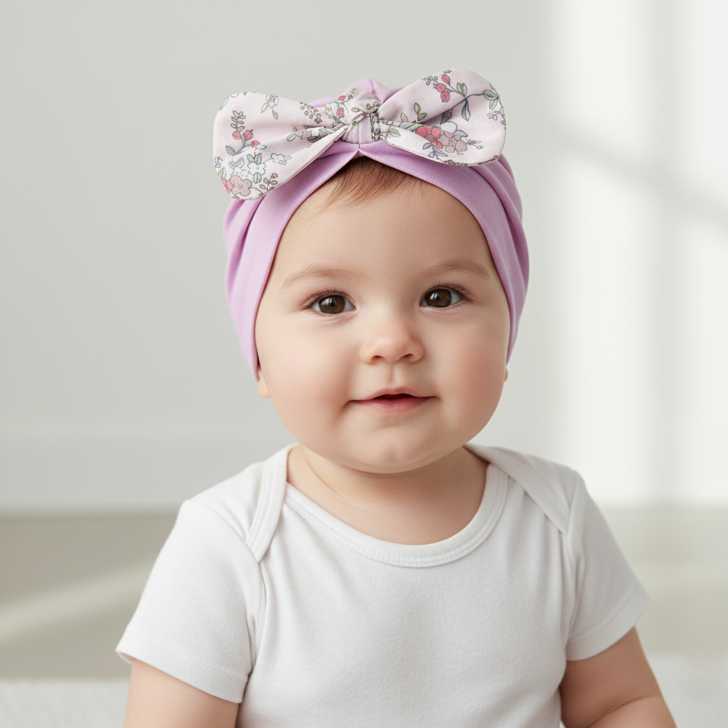 Polka Tots Baby Girls Floral Print Bow Headband Cap - Lavender