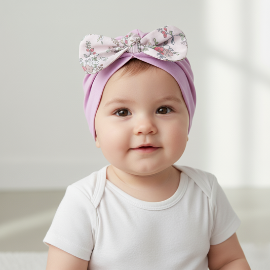 Polka Tots Baby Girls Floral Print Bow Headband Cap - Lavender