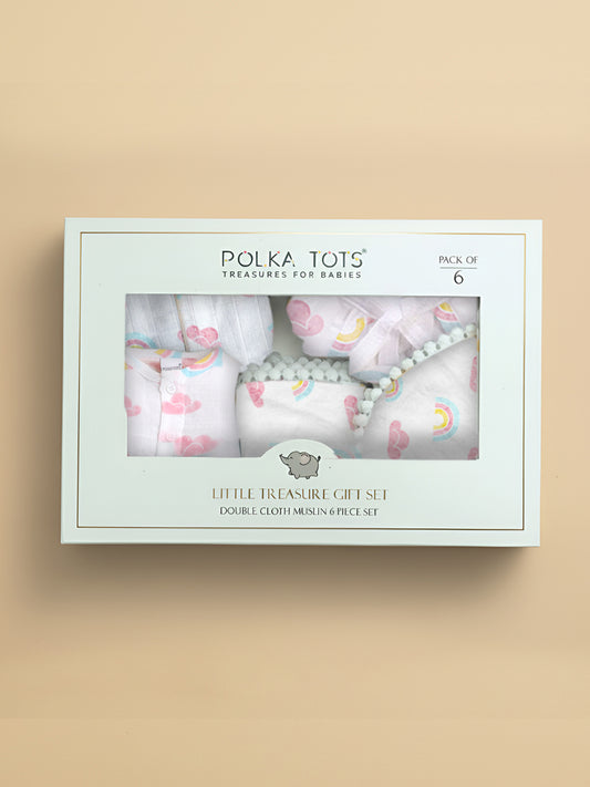 Polka Tots baby gift set packaging on a beige background