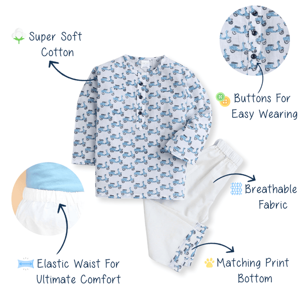 Polka Tots Scooter print Full sleeves Nightwear Kurta pyjama set -Blue
