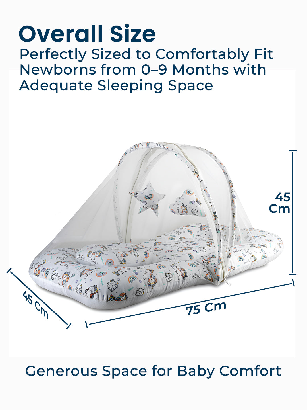 Baby crib with canopy and dimensions on a white background