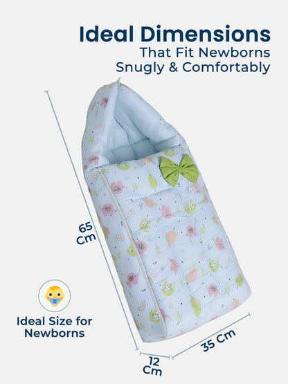 Baby sleeping bag with dimensions labeled on a white background