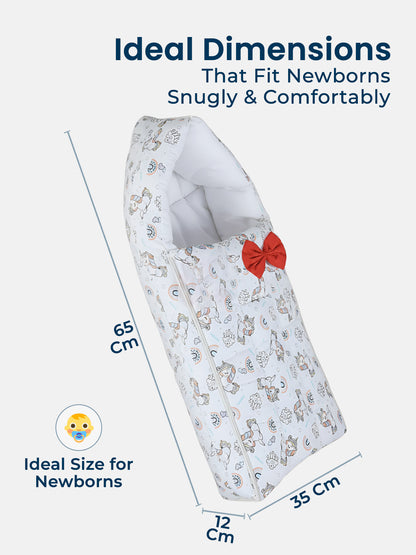 Baby sleeping bag with measurements on a white background