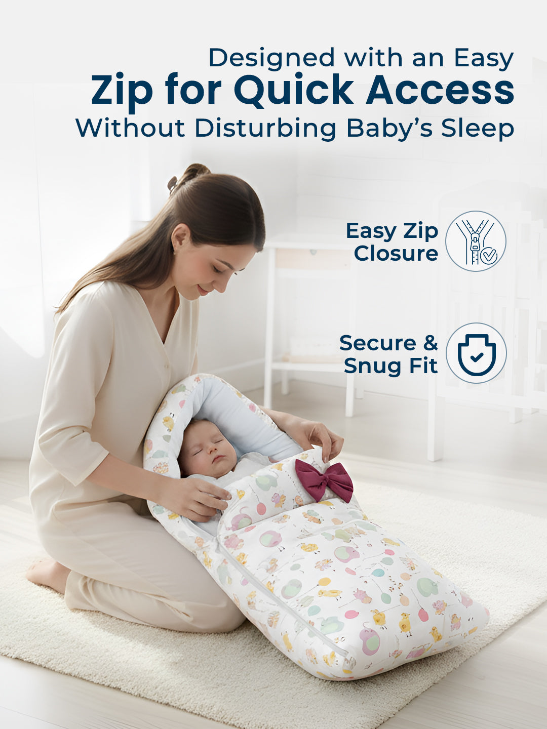 Woman holding a baby wrapped in a colorful swaddle with text about easy zip closure.