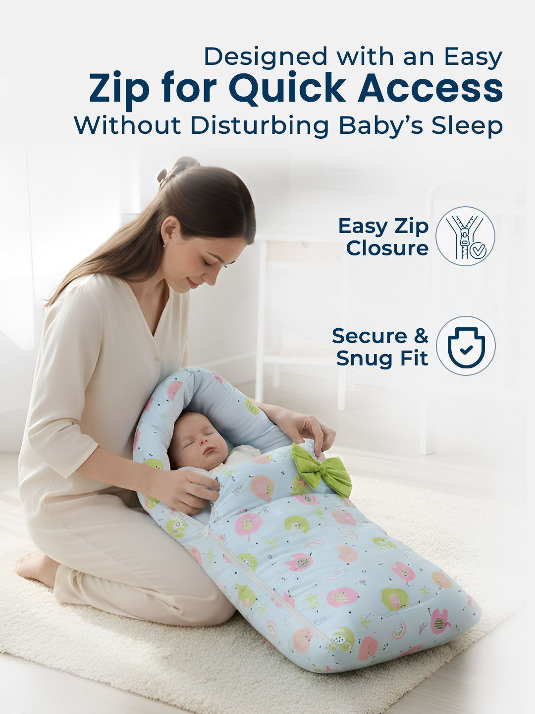 Woman holding a baby in a baby wrap with text about easy zip closure and secure fit.