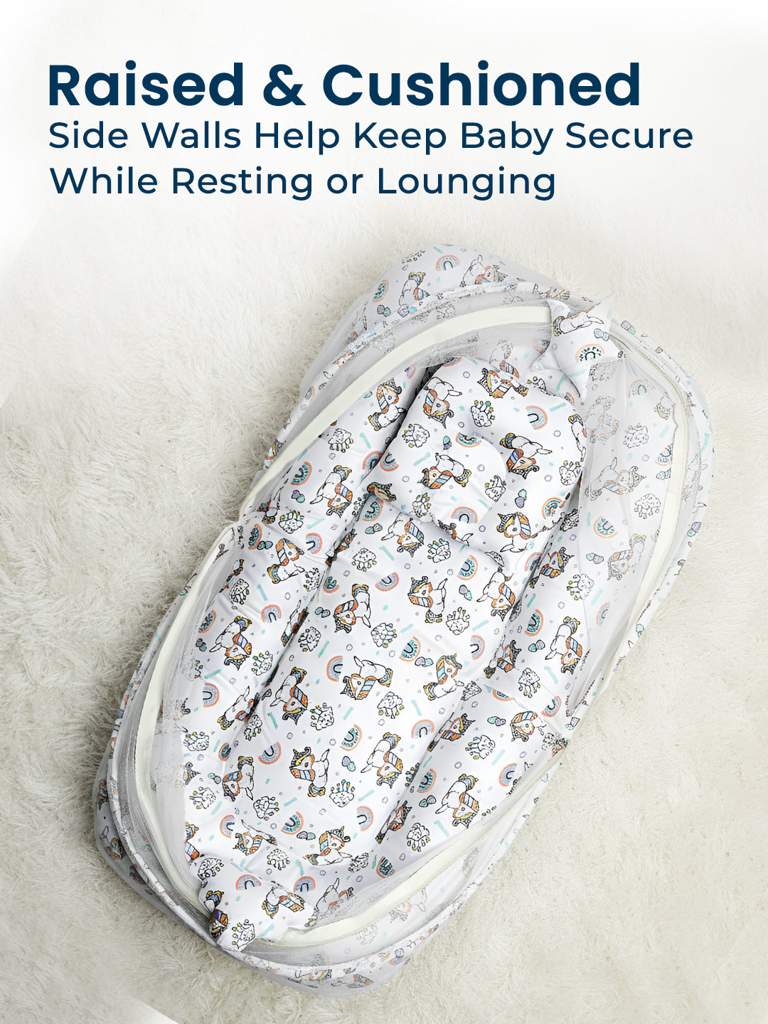 Baby bassinet with raised and cushioned side walls on a light background