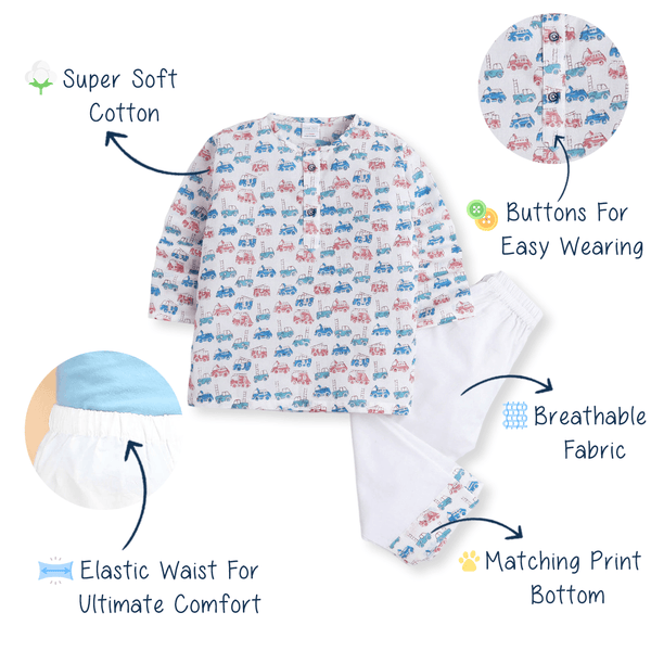 Polka Tots Vehicle print Full sleeves Nightwear Kurta pyjama set - White