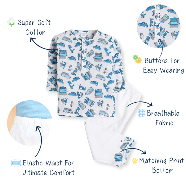 Polka Tots Vehicle print Full sleeves Nightwear Kurta pyjama set - Blue