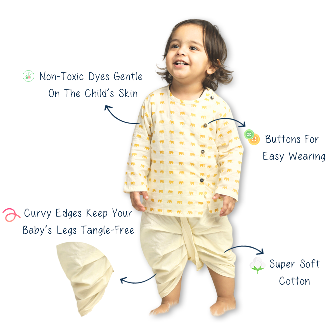 Polka Tots Dhoti Kurta Set for Boys 100% Super Soft Cotton Traditional Ethnic Wear For Kids Yellow Elephant - Cream