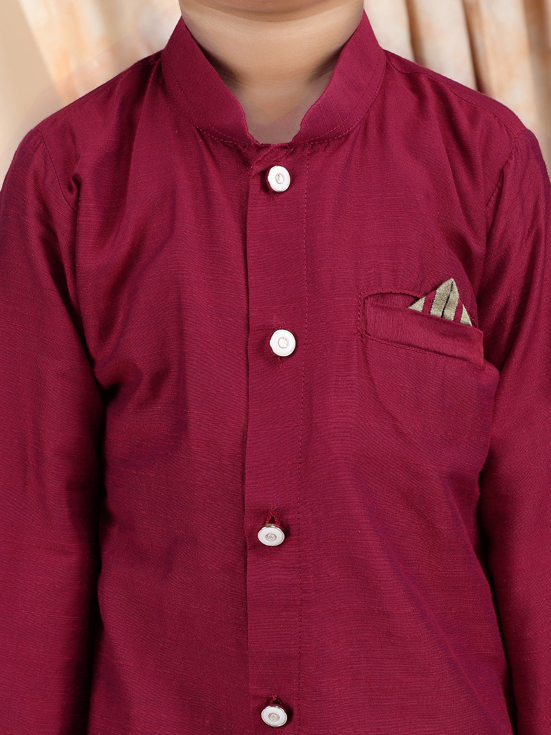 Polka Tots Full Sleeve Solid Kurta with Dhoti Set with Contrast Pocket - Maroon