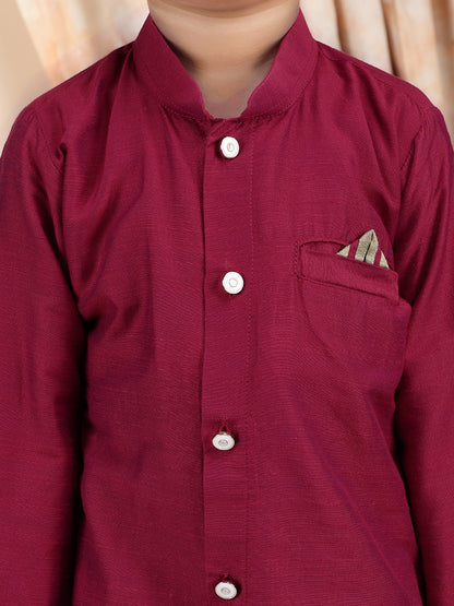 Polka Tots Full Sleeve Solid Kurta with Dhoti Set with Contrast Pocket - Maroon