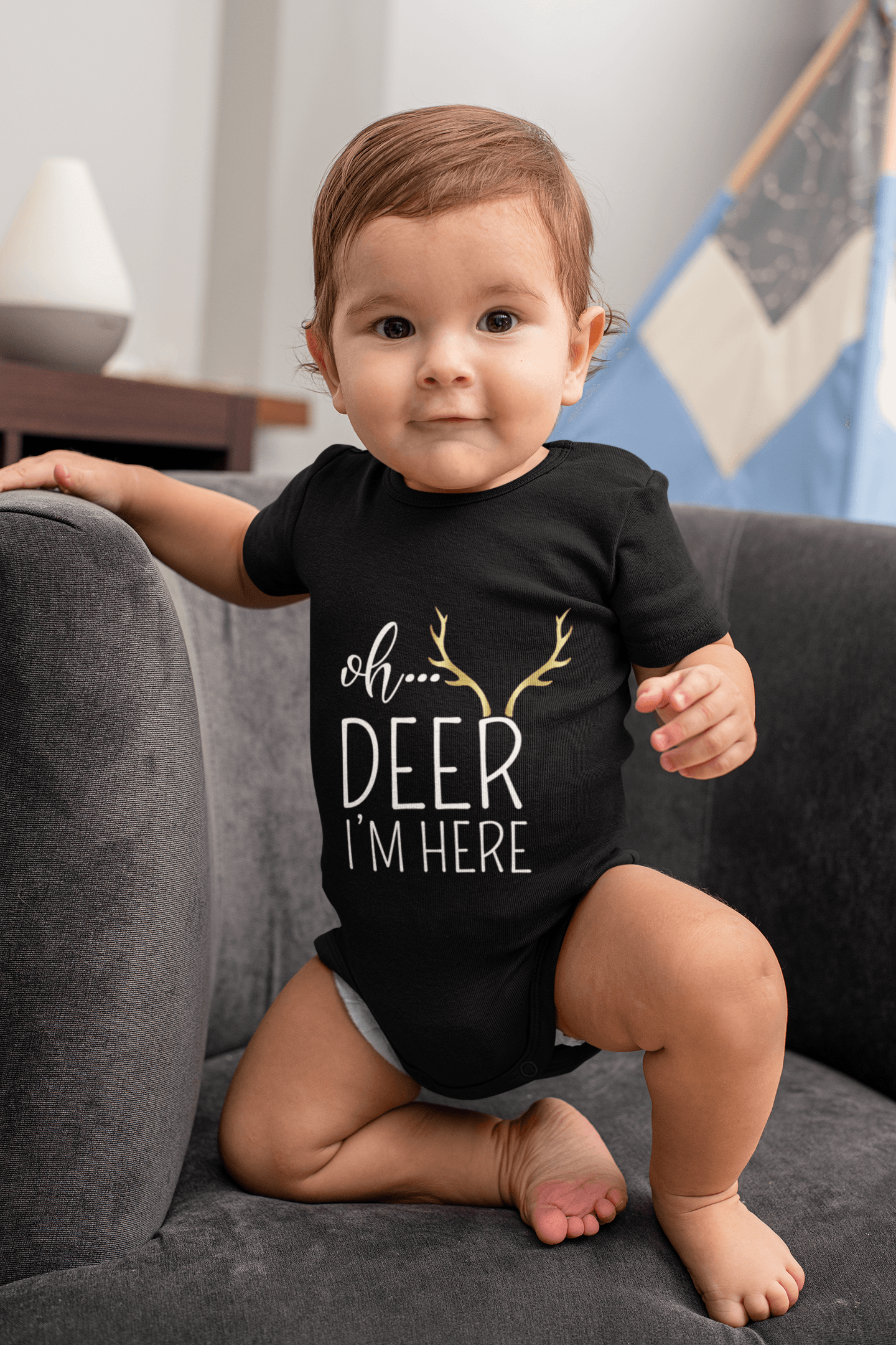 Polka Tots Half Sleeve Rompers Onesie Antibacterial Fabric Deer Black