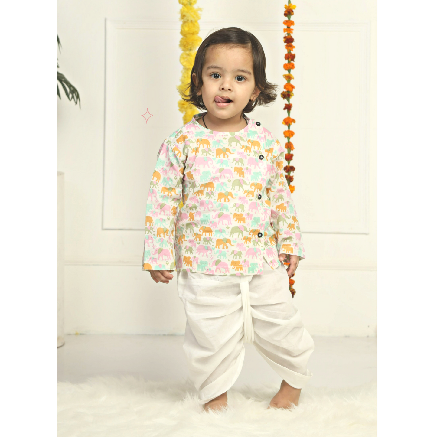 Polka Tots Dhoti Kurta Set for Boys 100% Super Soft Cotton Traditional Ethnic Wear For Kids Elephants-Pink and Orange