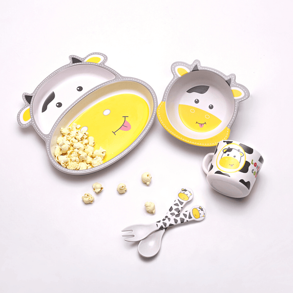 Eco-Friendly 5 Pieces Bamboo Fiber Kids Crockery Set (Cow)