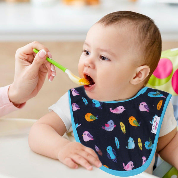 Polka Tots Organic Muslin Cotton Bibs with Three Layers (Blue Birds)